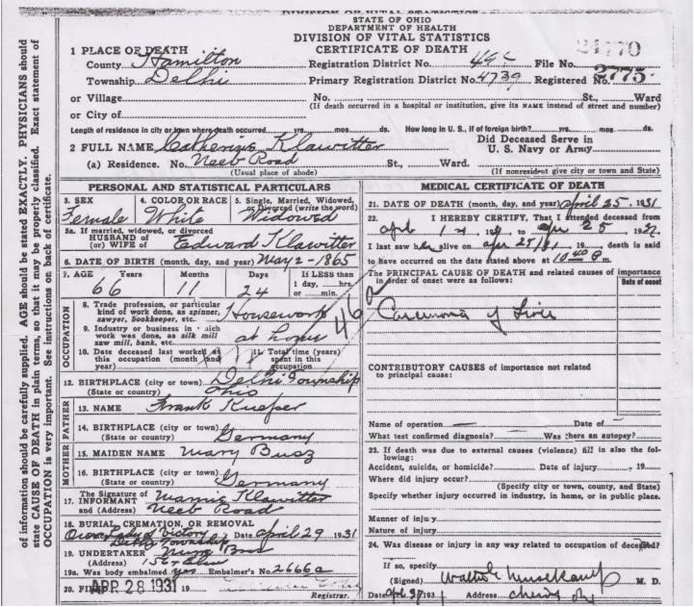 Kate Klawitter’s death certificate listing her parents’ names as Frank Kueper and Mary Busz. 