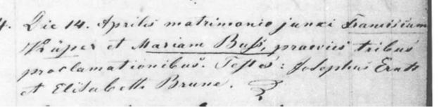 April 14, 1863 Marriage record from Archdiocese of Cincinnati- Francicus Kuper to Mariam Buß, witnesses listed are Audophus? Ernst and Elizabetta Brune. It was the Brune family who would later sell their store to Kate and Eduard Klawitter.