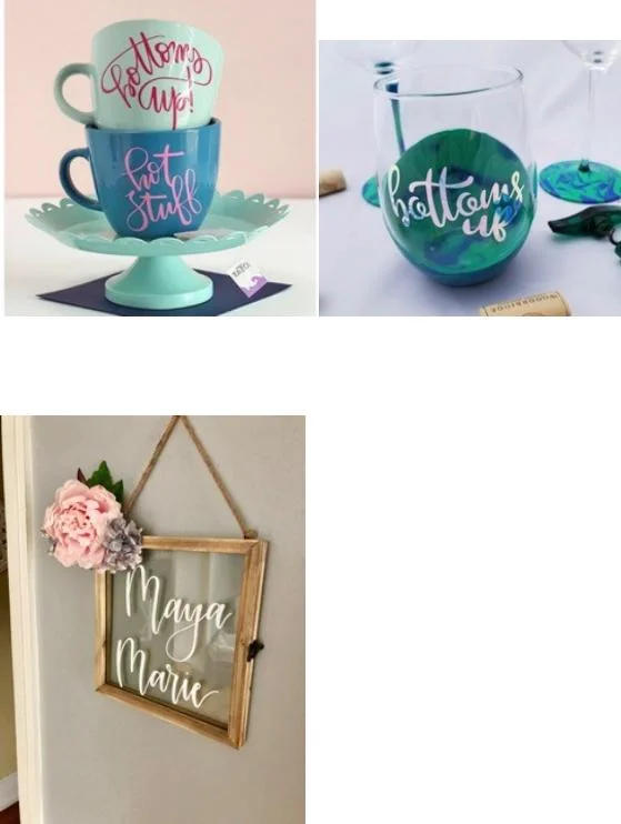 Personalized Wine Glasses, Tumblers + Mugs ( $15 - $35) ~ Multiple colors + sizes available ~ Pricing will depend on size + amount of words ~ Pre-order is NOT necessary Baby Name Sign with flowers ( $70) ~ Choice of flower colors **Pre-order NECESSARY *