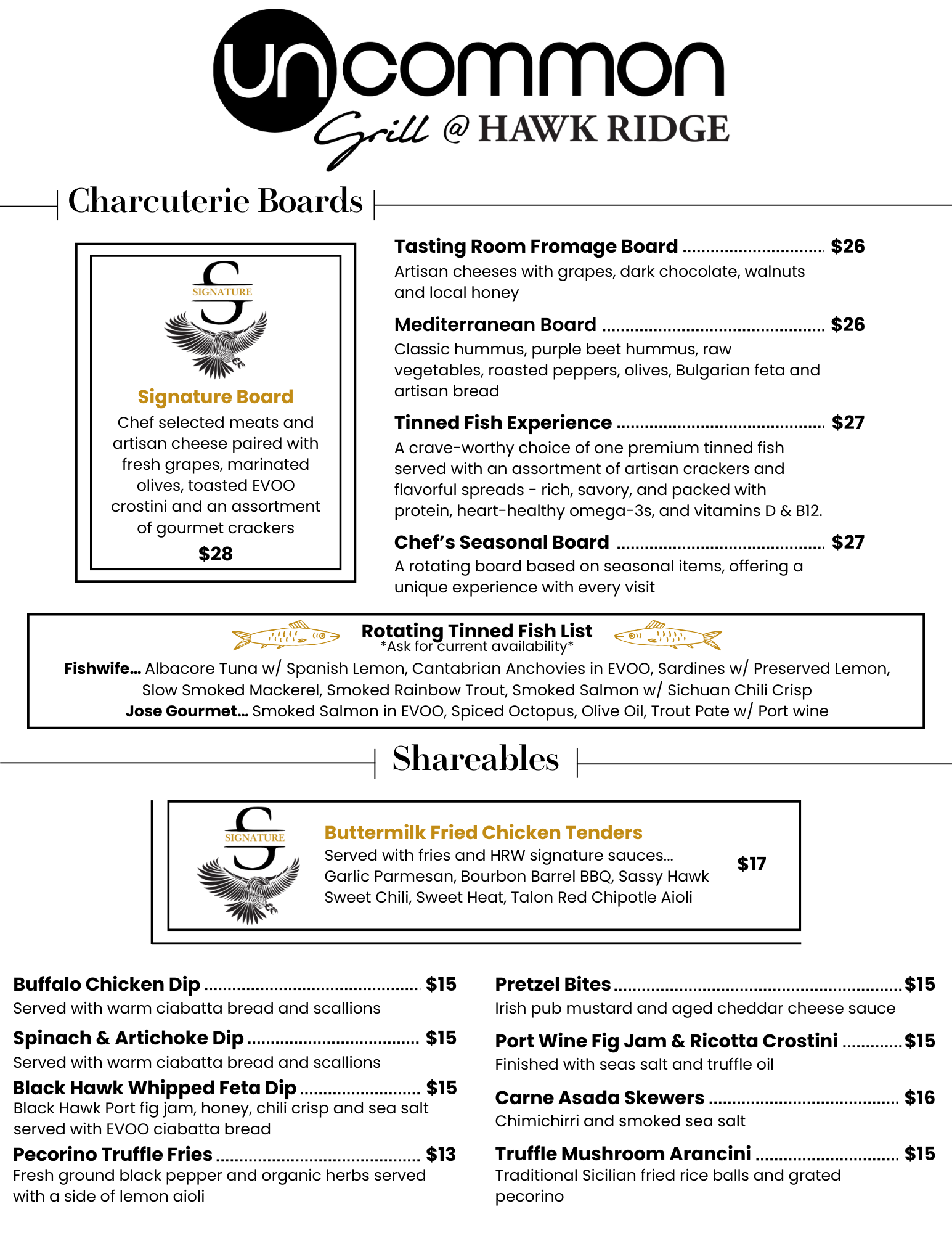 Menu from Uncommon Grill at Hawk Ridge featuring charcuterie boards and shareables, including signature cheese and meats board, tasting room fromage board, Mediterranean board, tinned fish experience, chef's seasonal board, and various shareable appetizers.