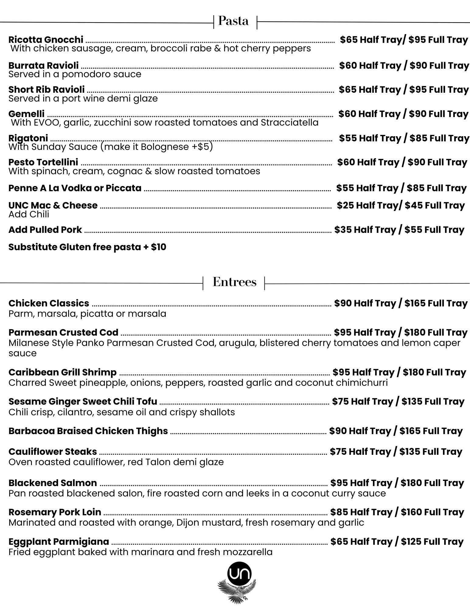 Menu listing pasta dishes and entrees with prices at a restaurant.