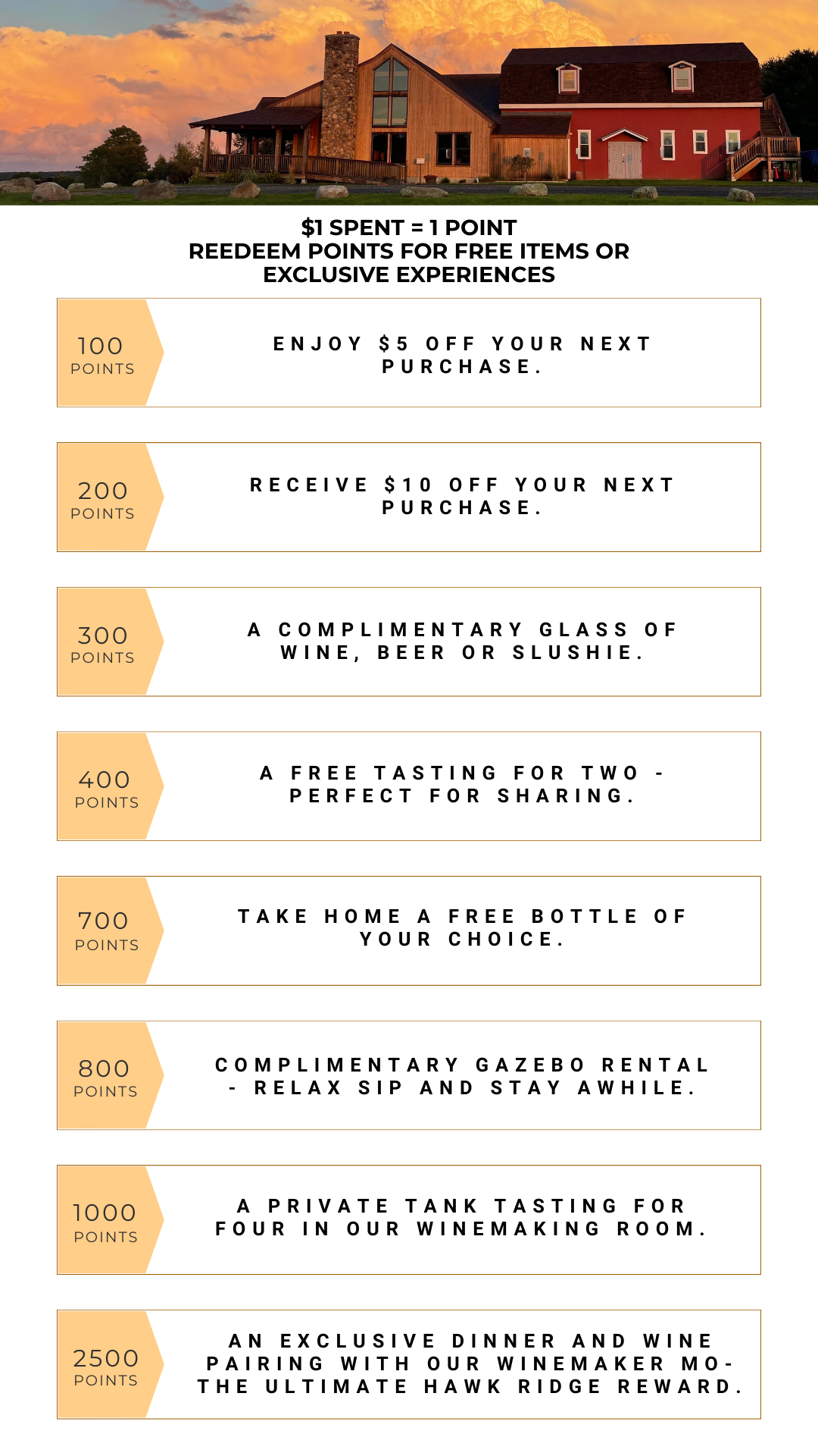 A scenic image of a large, rustic house at sunset with a dramatic cloud-filled sky, followed by a rewards chart with points and benefits listed.