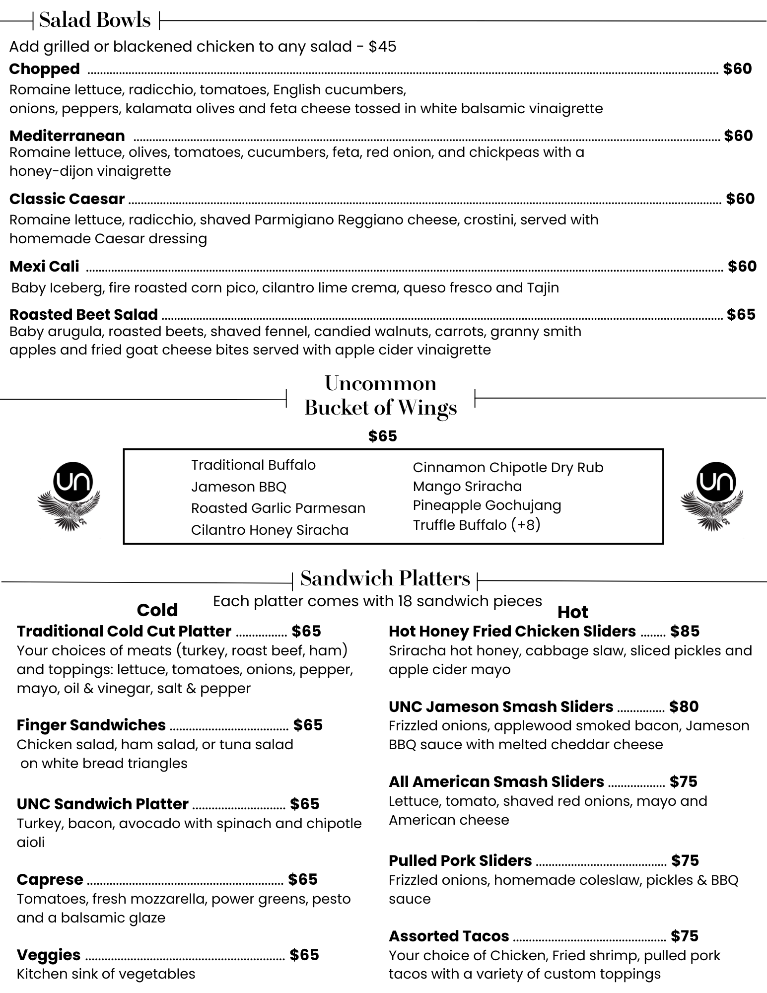 Menu listing various salads, salad bowls, and chicken wing options including descriptions of ingredients and prices. Also features sandwich platters with different meats, toppings, and add-ons, along with a selection of hot and cold sliders, smashers, and tacos.