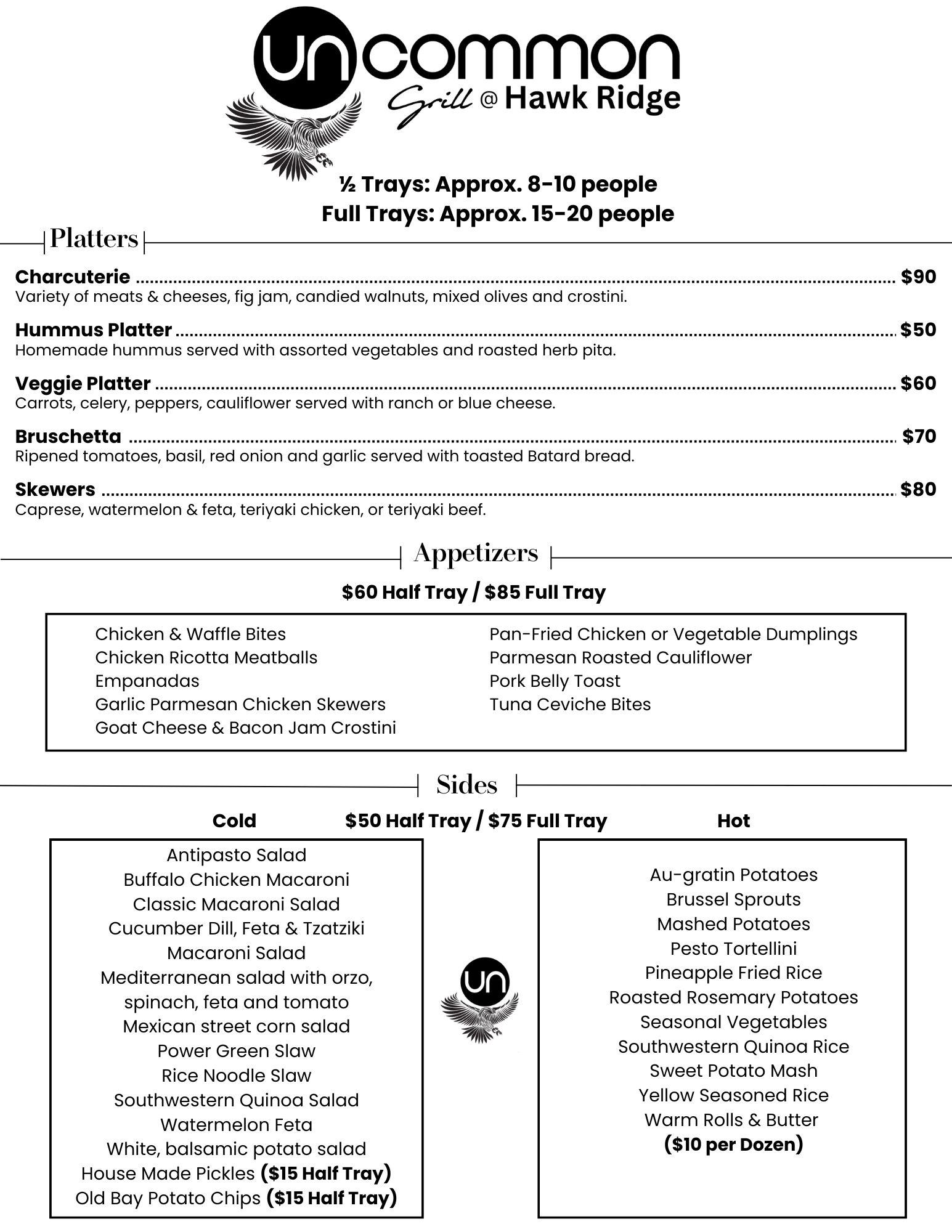Menu from Uncommon Grill at Hawk Ridge, listing platters, appetizers, and sides with prices, including charcuterie, hummus, veggie platter, bruschetta, skewers, chicken and waffle bites, salads, hot and cold side dishes, and desserts.