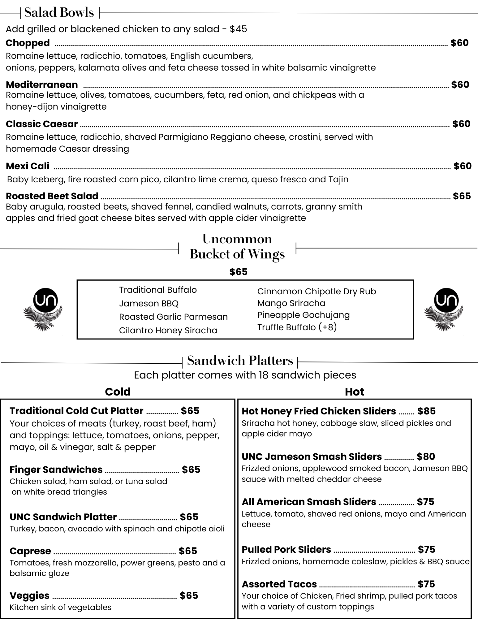 Food menu featuring salad bowls, chicken wings, and sandwich platters. Salad options include chopped, Mediterranean, classic Caesar, Mexi Cali, and roasted beet salad. Unique wing options include traditional buffalo, Jameson BBQ, roasted garlic parmesan, cilantro honey siracha, and exotic flavors like cinnamon chipotle dry rub, mango sriracha, pineapple gochujang, and truffle buffalo. Sandwich platters offer cold and hot selections such as cold cut platter, finger sandwiches, and special sliders like honey fried chicken, Jameson smash, American smash, pulled pork, and assorted tacos. Each platter includes 18 sandwich pieces.