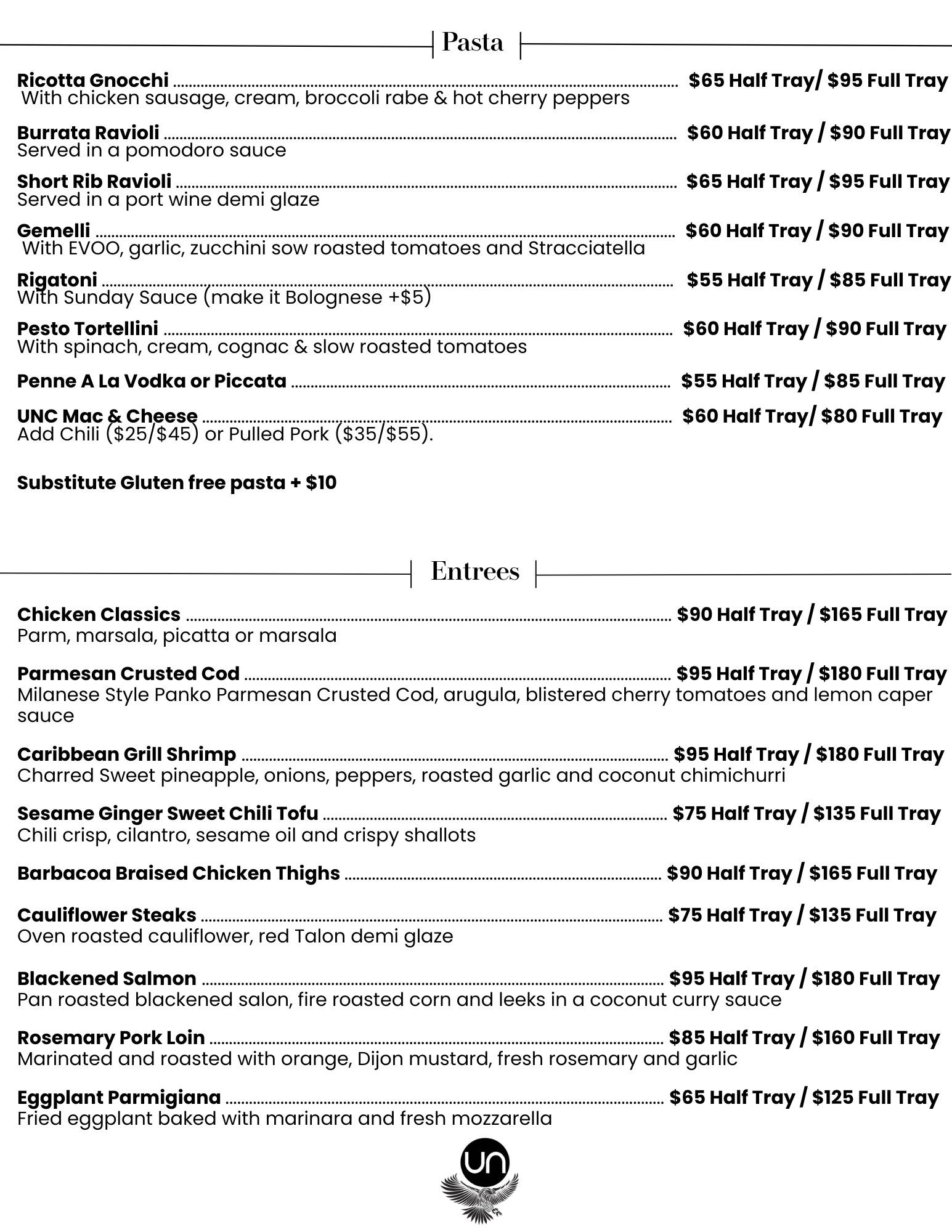 A menu featuring pasta and entrees with names, descriptions, and prices listed in dollars for half and full trays.