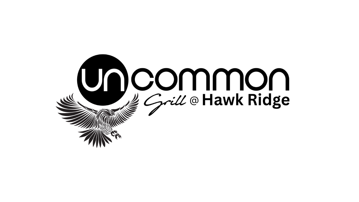 Black silhouette of the Hawk Ridge logo with spread wings, perched on a branch, with the Uncommon Grill logo on top!