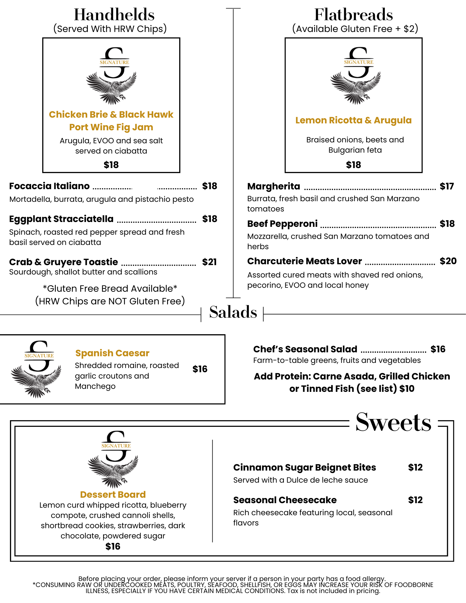 Menu showing options for Handhelds with HRW chips and Flatbreads with gluten-free options, including various salads and sweets, with descriptions and prices.