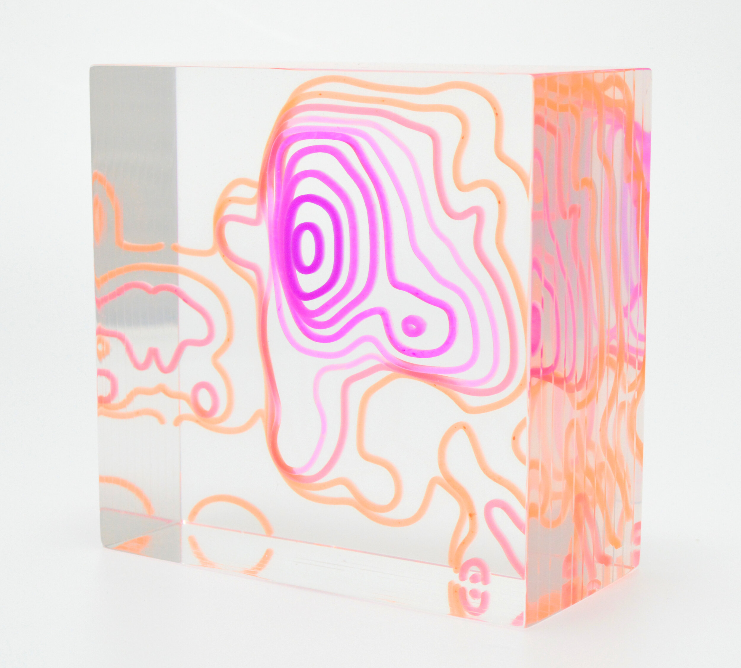  Missing Migrants (US/Mexico 2014-2019)  2020  |  Acrylic, resin  |  6x6x3in.  Data from the Missing Migrants Project by the International Organization for Migration. This piece centers on a small section of the US/Mexico border.  