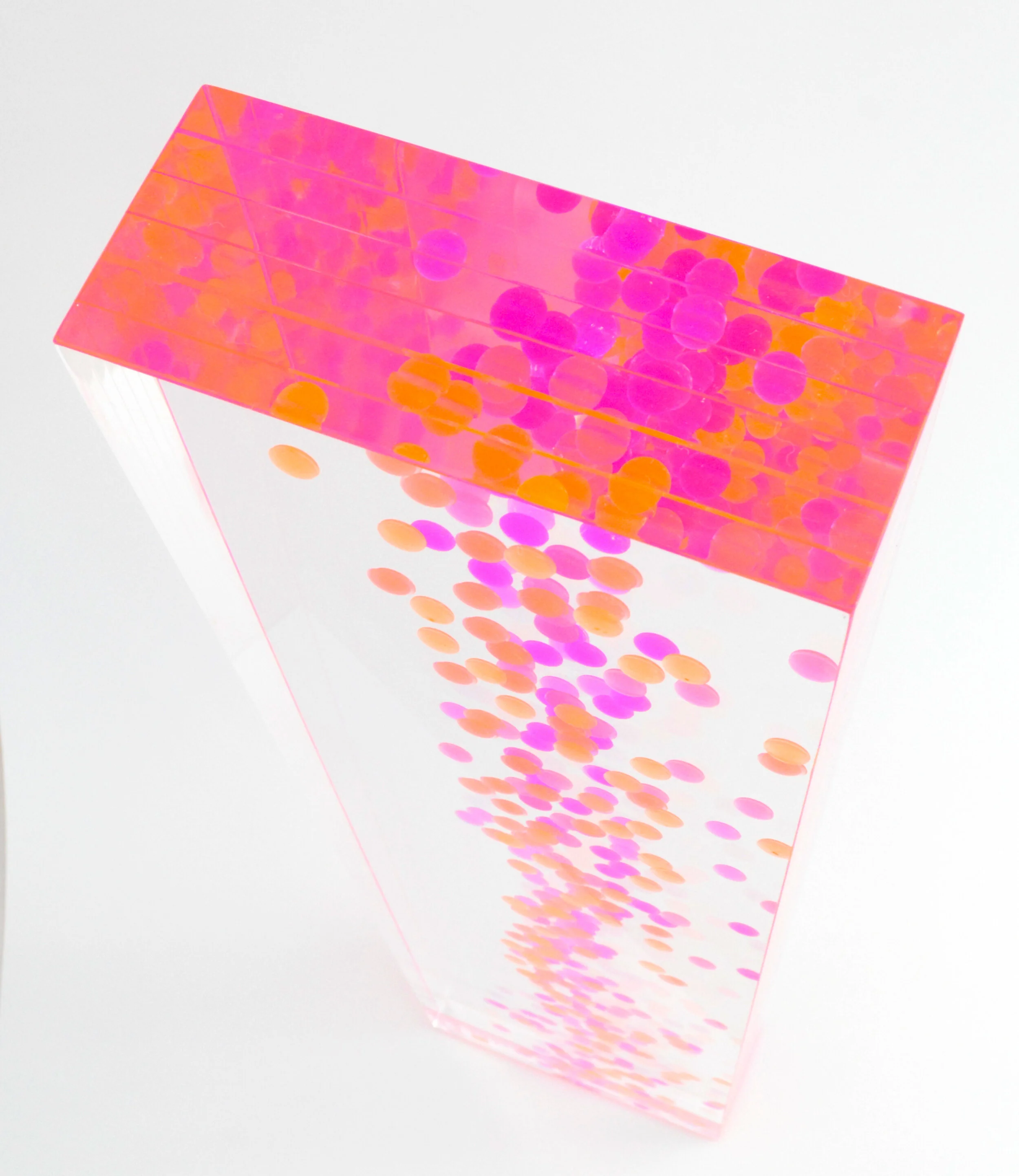   Floating Information (Los Angeles Weather 2015-2019) 2020  |  Acrylic, resin  |  24 x 5.75 x 2.375 in  This piece samples every fifth day for five years to track the temperature deviation from average in Los Angeles.  