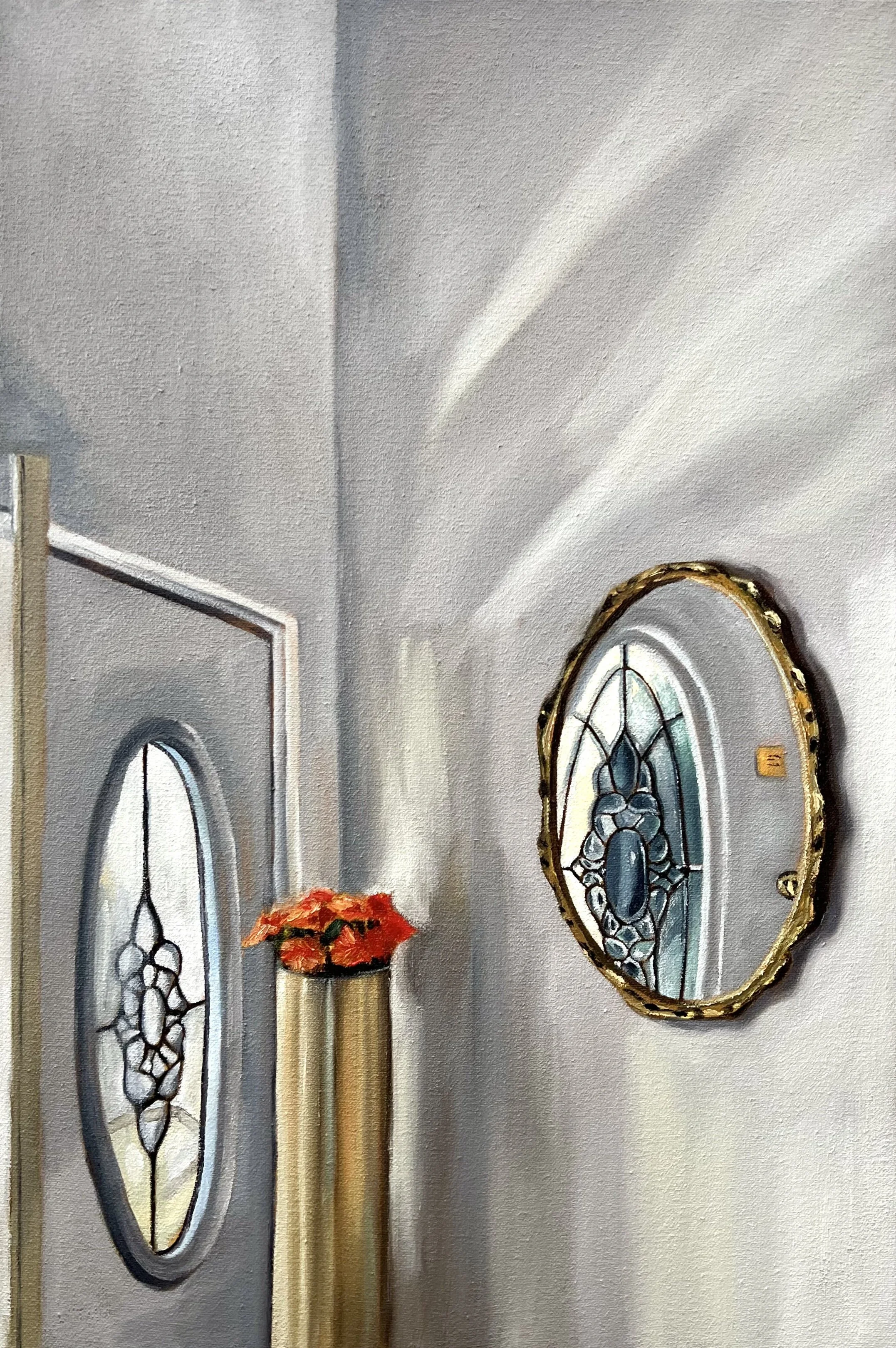 "When I was little that mirror was a portal to alternate universes because you could see an infinite reflection", 2025, oil on canvas, 12"x18"