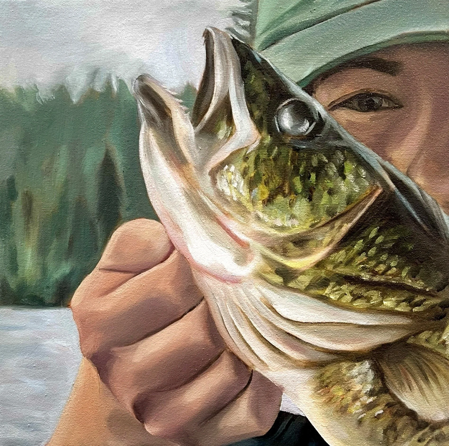 Fish on, 2025, oil on canvas, 14" x 14"
