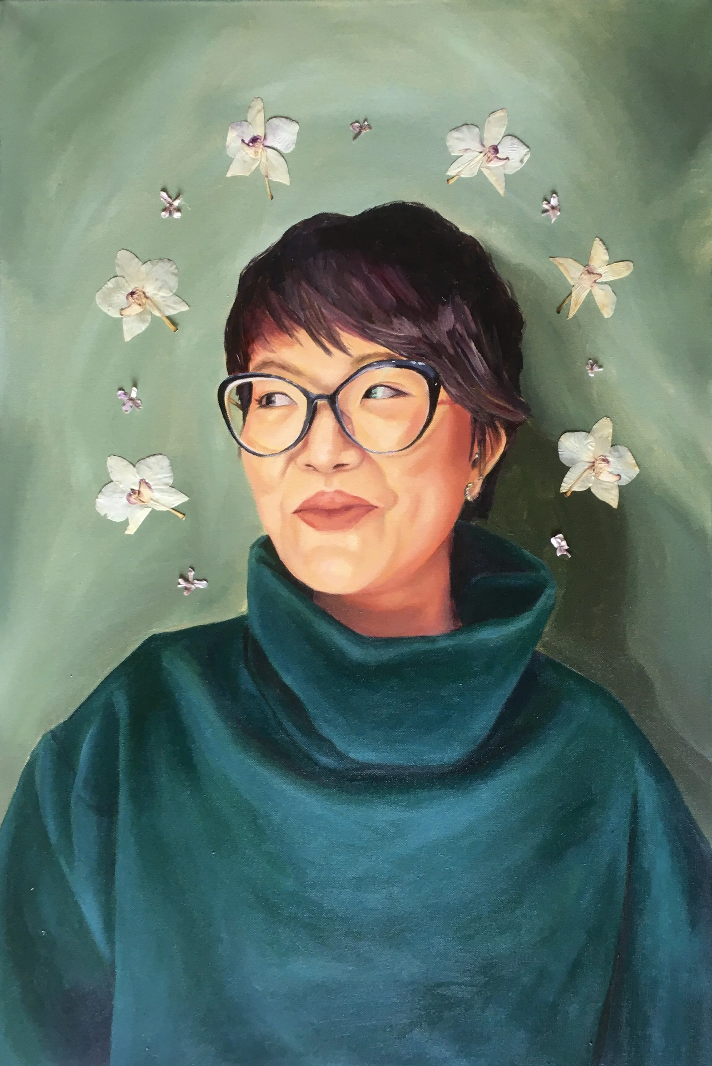Joey, 2021, 24"x36", oil on canvas, flowers grown by Joey, resin