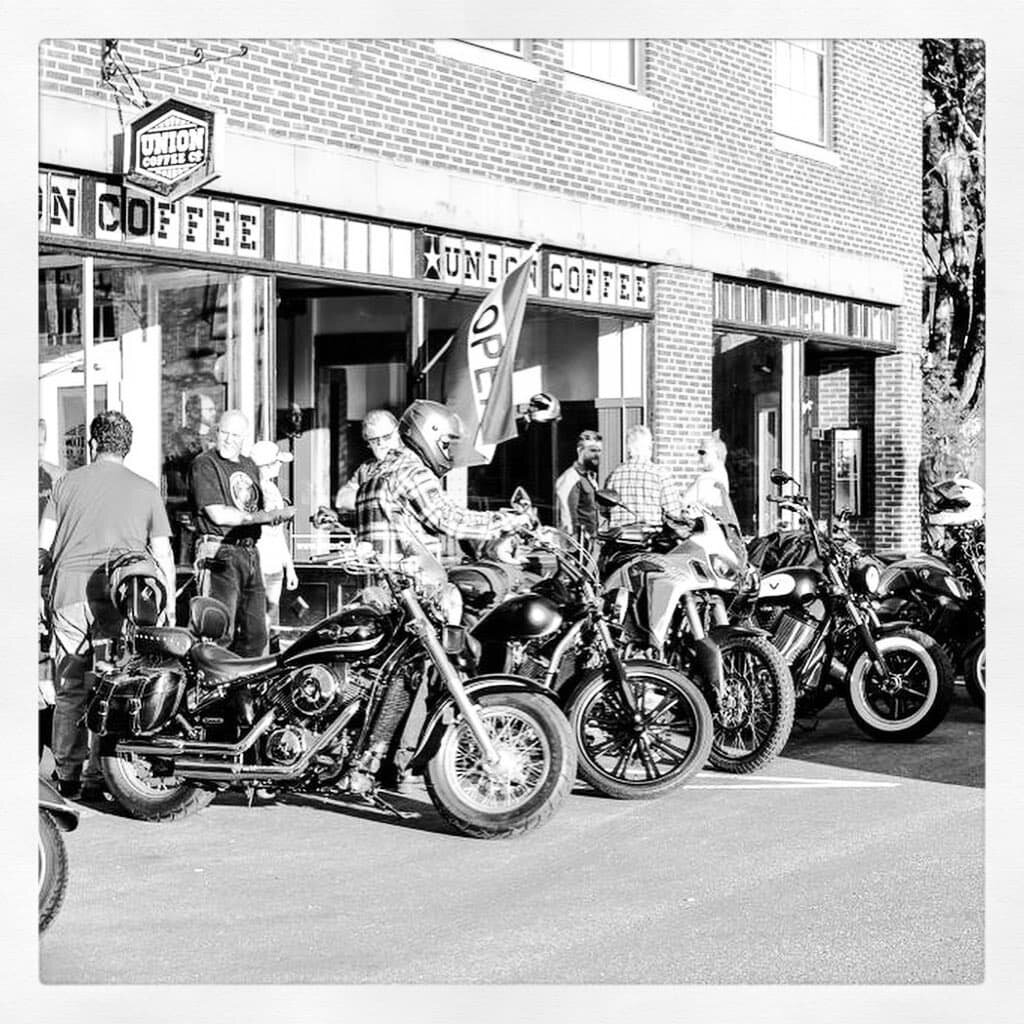 The weekly gathering of motorcyclists at Union Coffee Co. has become a tradition in Milford, New Hampshire.