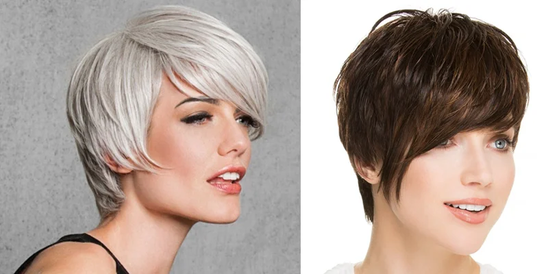 Left: Angled Cut Wig by Hairdo . Right: Point Monofilament Wig by Ellen Wille .