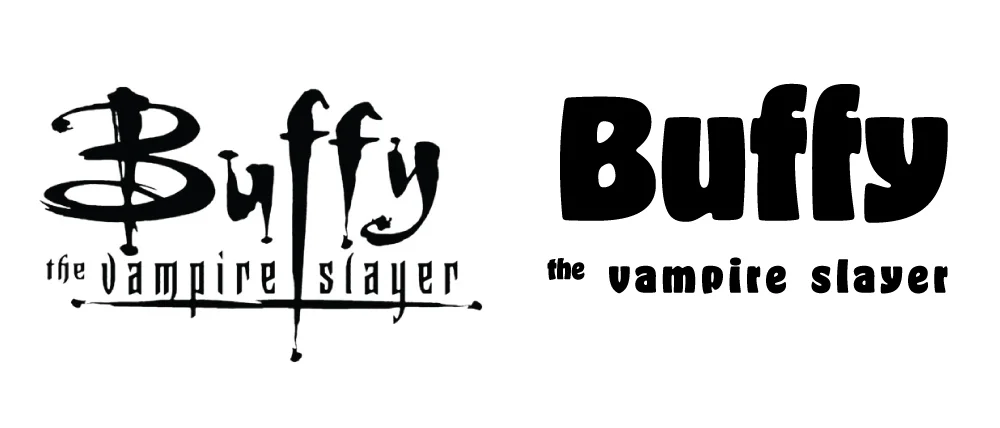 Left: Buffy logotype designed by Margo Chase. Right: Buffy written in Hobeaux by OH no Type Co.