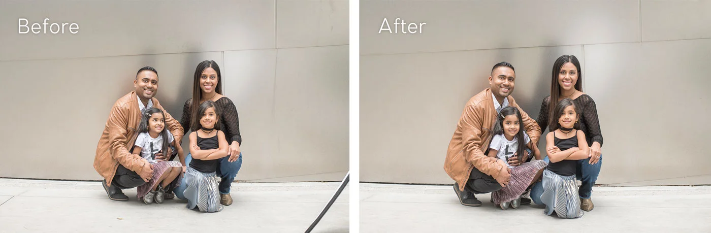 Here, Natalie did a headswap on the little girl on the left, lengthened her skirt, and removed distracting elements such as the reflector on the right, dark cracks, and distracting dirt spots on the ground and wall. 