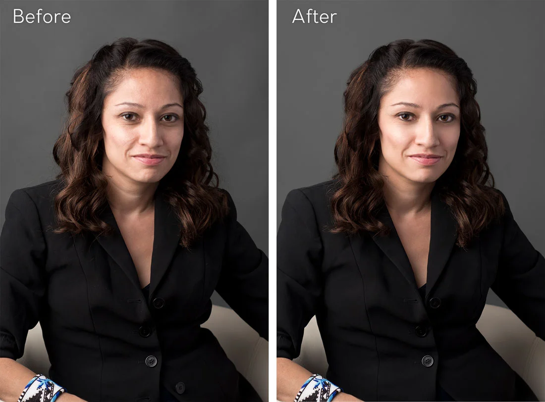 Natalie slimmed her jacket on the sides due to the way it bunched up when she sat down, removed fly away hairs and blemishes, and subtly softened her skin. 