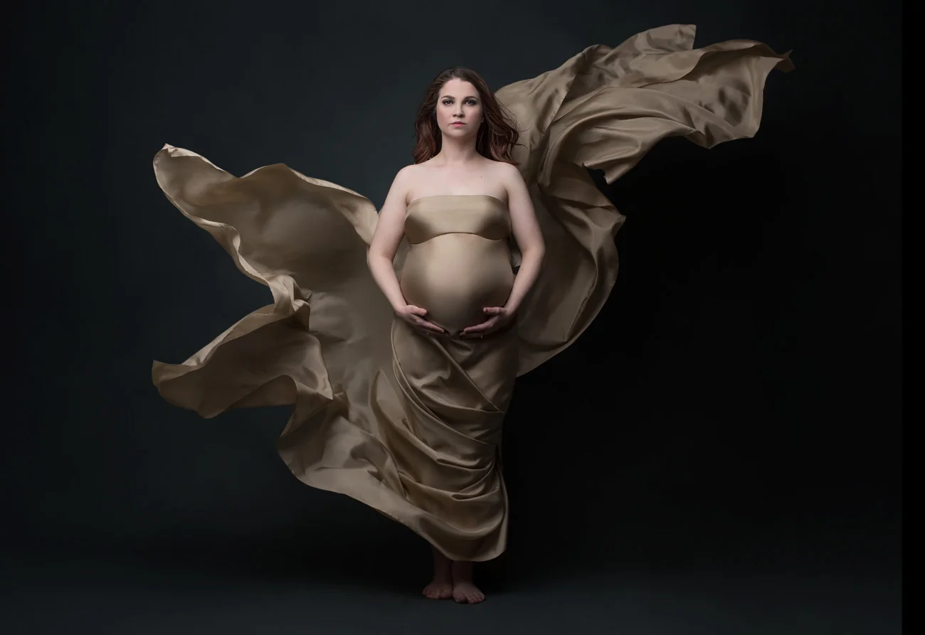  'Goddess' maternity portrait with flowing fabric 