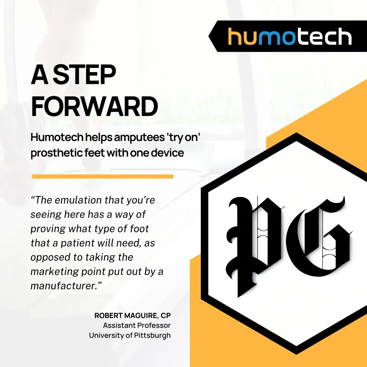 Humotech is proud to be featured in the @pittsburghpg for our work with the Clinical Caplex&reg;️ System, powering prosthetic prescription with experiential data. For the first time in a real-world clinical workflow, prosthetic foot users are trialin