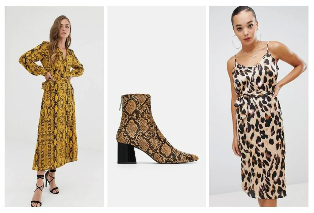 Animal Print High Heel Ankle Boot (Zara SG), Boohoo Satin Slip Midi Dress in Leopard (Boohoo UK), ASOS DESIGN Wrap Front Midi Dress in Snake Print (ASOS UK)