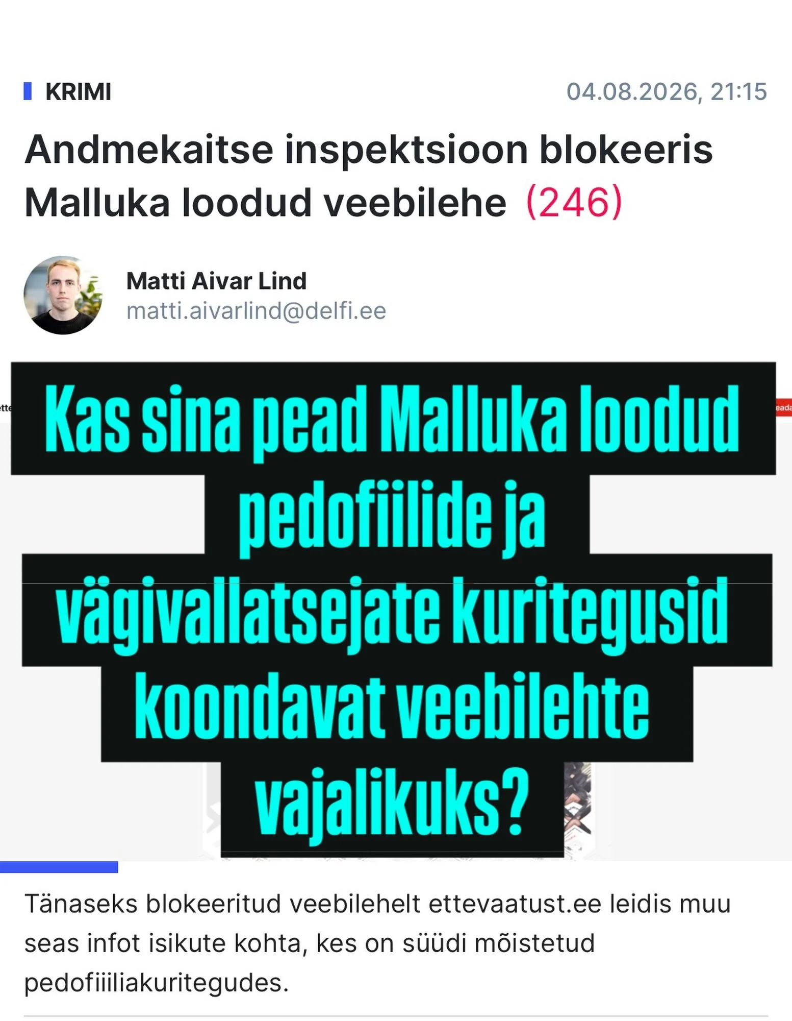 Seoses Malluka loodud veebilehega

Minu hinnangul on p&otilde;him&otilde;tteliselt vale, et olukorras, kus inimesed vajavad enda ja oma l&auml;hedaste turvalisuse tagamiseks selget ja k&auml;ttesaadavat infot, sunnib riigi suutmatus kodanikke ise lah