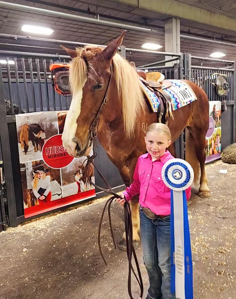 A young boy in a pink shirt holding a blue and white ribbon standing next to a large brown horse with a blonde mane inside a horse barn or arena. The horse has a colorful saddle pad and a saddle on its back. There are promotional posters in the backg