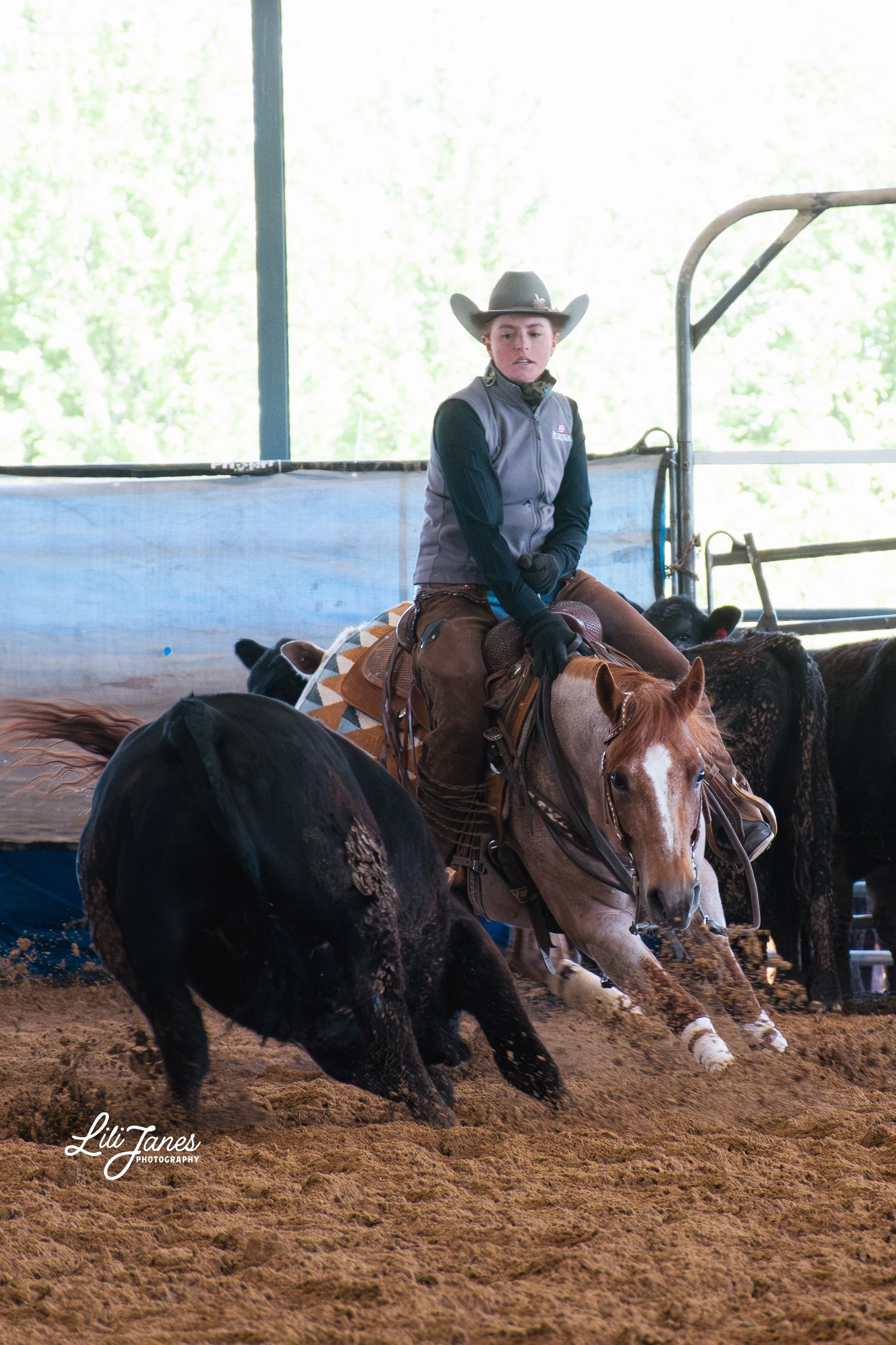A person wearing a cowboy hat and vest riding a horse in an indoor arena, surrounded by other horses.