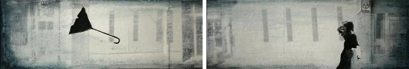 Storyboard 4, 2 panels, Oil and photo transfer on paper, 4" x 12" each, 2012