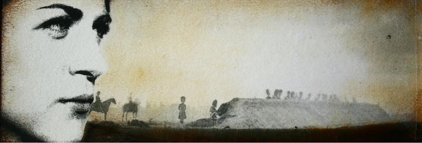 Storyboard 7, Panel 1 of 2, Oil and photo transfer on paper, 4" x 12", 2012