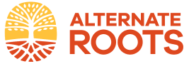 Circular yellow line-art logo featuring a tree backed by yellow sky, with roots digging into orange soil. To the right of this design are the words: "ALTERNATE ROOTS."