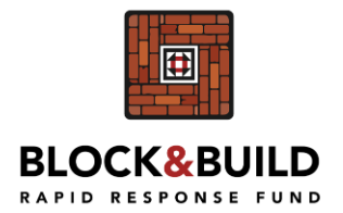 Square logo featuring bricks surrounding a black and red smaller square in the center. Below is the text: "BLOCK & BUILD: Rapid Response Fund"
