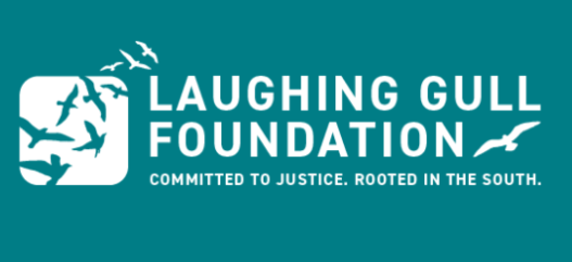 Teal logo with white text: "LAUGHING GULL FOUNDATION" and birds in white and teal flying to the left.