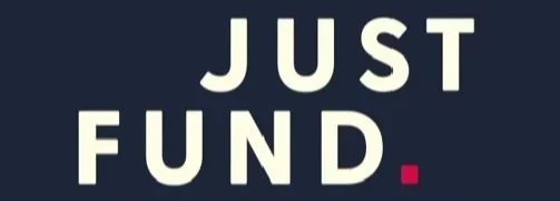 Just Fund logo. A navy blue background with white text followed by a bright red period.