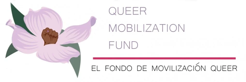 A pink flower illustration with a brown fist at the flower's center. To the right, the words: QUEER MOBILIZATION FUND sit above a pink line. Below the pink line, the text: EL FONDO DE MOVILIZACION QUEER