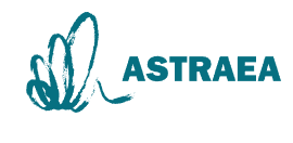 Teal logo featuring a simple line drawing of overlapping leaf or wing shapes, followed by the word "ASTRAEA".