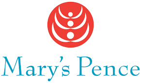 Circular red logo made of three curved lines and dots that look like three stylized human figures with outstretched arms. Below, the words "Mary's Pence" appear in blue.