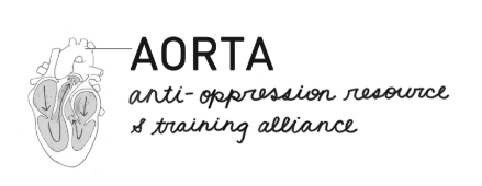 An anatomical heart drawing to the left of the text: "AORTA" in bold. Under these letters is the cursive text: "anti-oppression resource & training alliance"