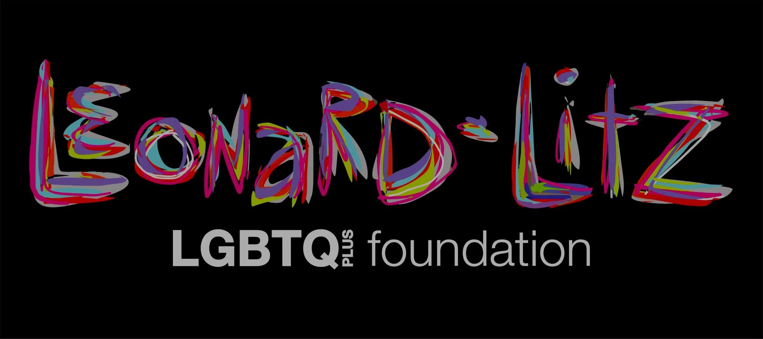 Leonard Litz LGBTQ+ foundation logo. Mostly black with bright multicolored, paint-stroke style letters.
