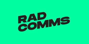 Bold black letters reading: "RAD COMMS" sit atop a neon green rectangular logo.