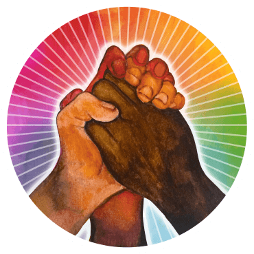Circular rainbow logo with three embracing hands in the center in shades of brown.