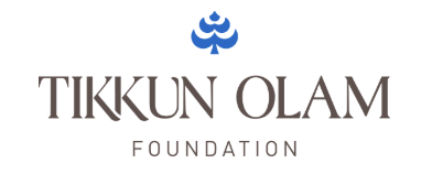 Logo reads: "TIKKUN OLAM FOUNDATION". Above these words is a small blue design of a leaf featuring a stylized bird design within it.