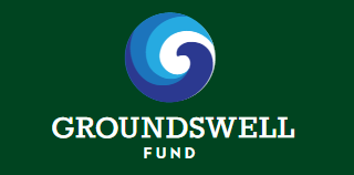 Green rectangular logo with a circular swirl design in teal, blue, and white. Below the circle, large white text reads: "GROUNDSWELL FUND"