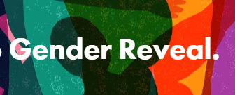 Gender Reveal logo. A colorful abstract design in green, orange, red, and purple with white text.