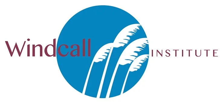Circular teal logo with stylized wheat stalks in white. To the left of the circle, the word "WINDCALL" is written, with "Wind" in dark red and "call" in teal. To the right of the circle, the word "Institute" is written in dark red letters.