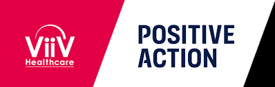 Bright pink rectangle with white text and logo on the left, black triangle on the right. Text in pink area: Viiv Healthcare. Text in white area to the right: "POSITIVE ACTION".