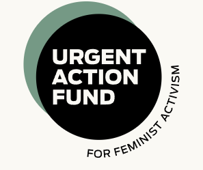 Circular logo with a dark center and pale green outer ring. Text inside circle: "URGENT ACTION FUND". Text along the outer ring: "FOR FEMINIST ACTIVISM".