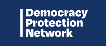 White text on a dark blue background: "Democracy Protection Network"