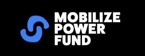Black logo with two blue curved-C shapes facing each other as if two links in a chain. To the right of the blue shapes is the text: "MOBILIZE POWER FUND" in white