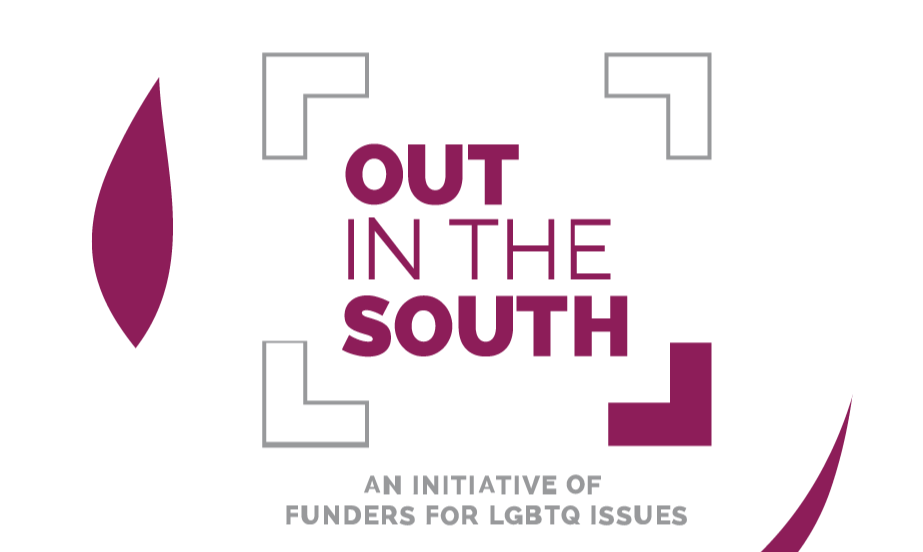 Logo for Out in the South. Maroon text within a rectangular bracket where the bottom right of the bracket is also maroon, highlighting the Southeast US. A maroon leaf sits to the left of these words. Underneath: "An Initiative of Funders for LGBTQ"